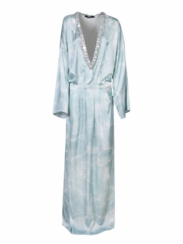 Amen Light Blue Marble Satin Kaftan Dress