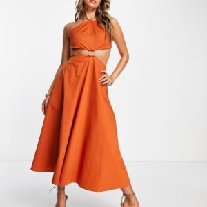 Amy Lynn cut out backless skater midi dress in rust-Red