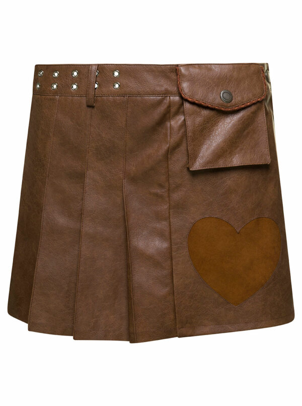 Andersson Bell arina Brown Pleated Mini Skirt With Heart And Patch Pocket Detail In Faux Leather Woman