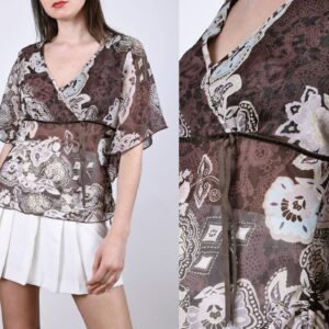 Angel Sleeve Floral Brown Y2K Blouse See Through Mesh Top Short Shirt Size 40