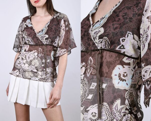 Angel Sleeve Floral Brown Y2K Blouse See Through Mesh Top Short Shirt Size 40