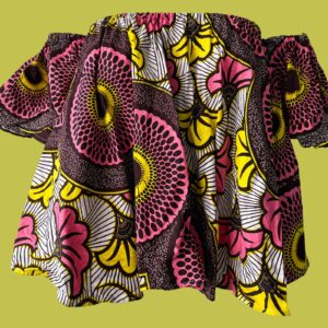 Ankara Print Fabric Smock Top, Bardot Neckline, Cold Shoulder, Bright Yellow, Pink & Brown, A-Line Shape, Short Sleeves, Volume