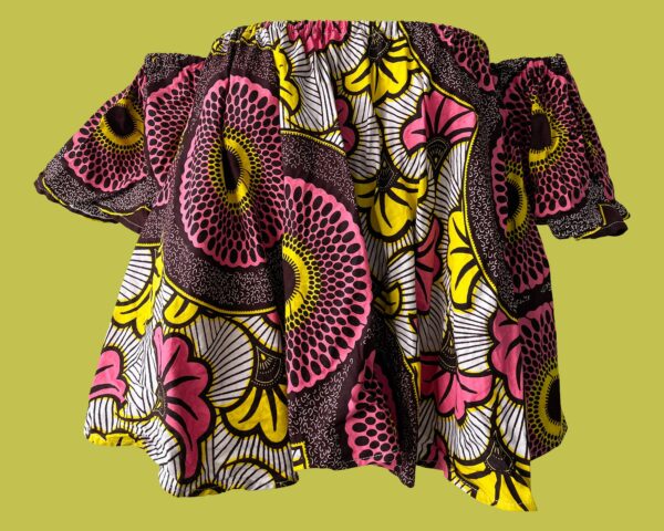 Ankara Print Fabric Smock Top, Bardot Neckline, Cold Shoulder, Bright Yellow, Pink & Brown, A-Line Shape, Short Sleeves, Volume