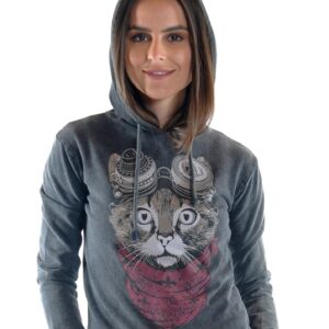 Anthracite Stone Washed Google Cat Animal Printed Cotton Women Crop Top Hoodie