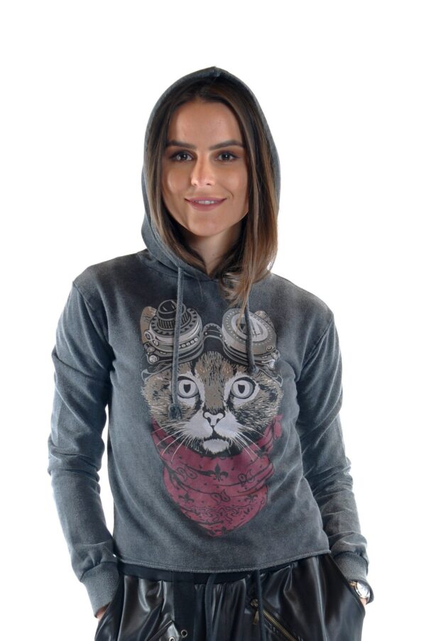 Anthracite Stone Washed Google Cat Animal Printed Cotton Women Crop Top Hoodie