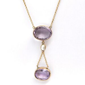 Antique 9Ct Gold, Amethyst & Pearl Drop Necklace | Edwardian Negligee Lavalier