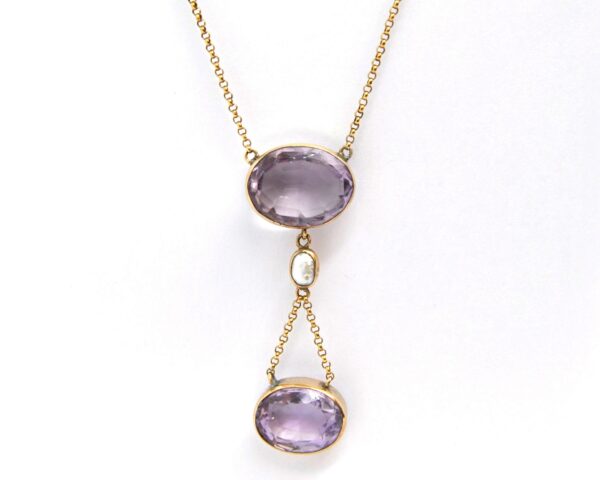 Antique 9Ct Gold, Amethyst & Pearl Drop Necklace | Edwardian Negligee Lavalier