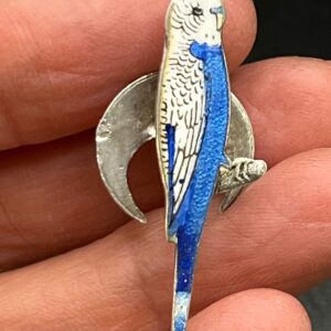 Antique Budgerigar Button Badge, Sterling Silver & Enamel, Circa 1920S, Budgie, Vintage Shirt Or Blouse Accessory, Bird Jewellery