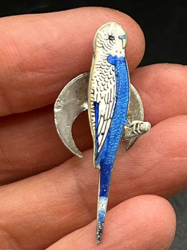 Antique Budgerigar Button Badge, Sterling Silver & Enamel, Circa 1920S, Budgie, Vintage Shirt Or Blouse Accessory, Bird Jewellery