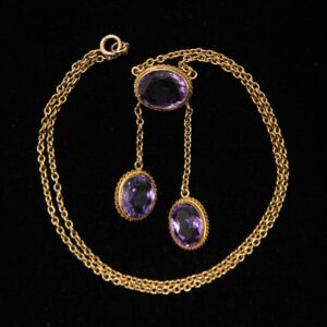 Antique Edwardian English Hallmarked Solid 9Ct 9K Gold 375 Cable Chain 6Ct Amethyst Negligee Pendant Necklace 16.5''