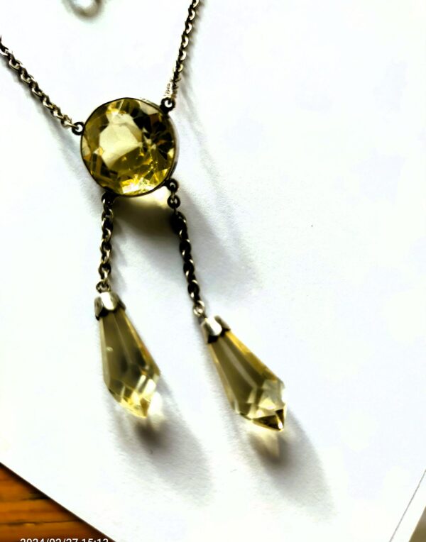 Antique Edwardian Scottish Faceted Citrine & Silver Negligee Necklace Has 2 Dangles. Hallmarked Sterling. 24