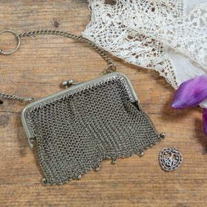 Antique Evening Purse. I Love You Locket. Top Handle. Mesh. Chain Link. Special Occasion. Silver Metal. Art Deco. Vintage 1920S 1940S