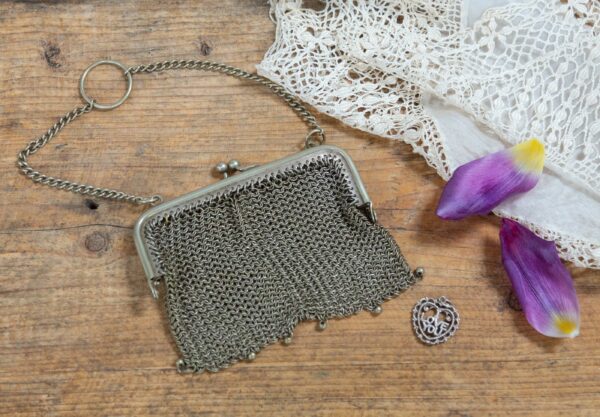 Antique Evening Purse. I Love You Locket. Top Handle. Mesh. Chain Link. Special Occasion. Silver Metal. Art Deco. Vintage 1920S 1940S