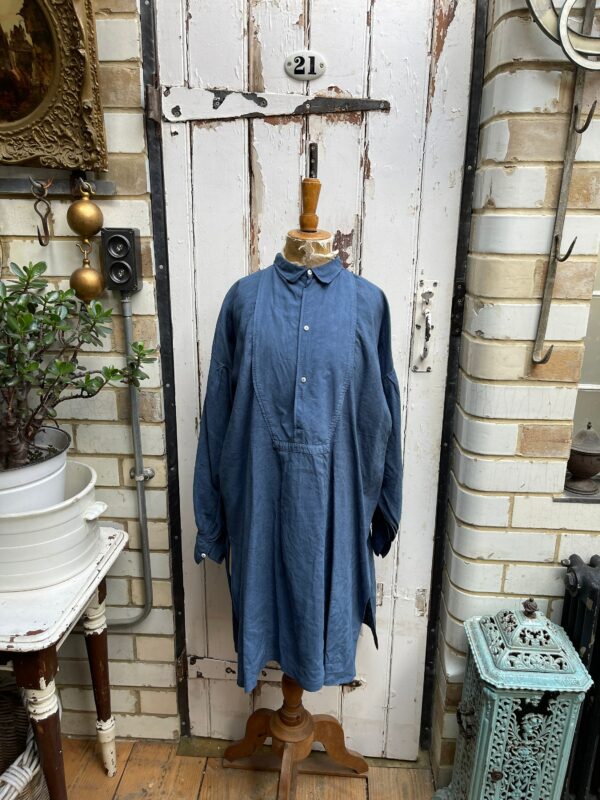 Antique French Blue Linen Shirt Dress Chemise With Cotton Bib Size L