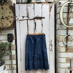 Antique French Handmade Blue Cotton Skirt Size With Tiered Lace Hem S