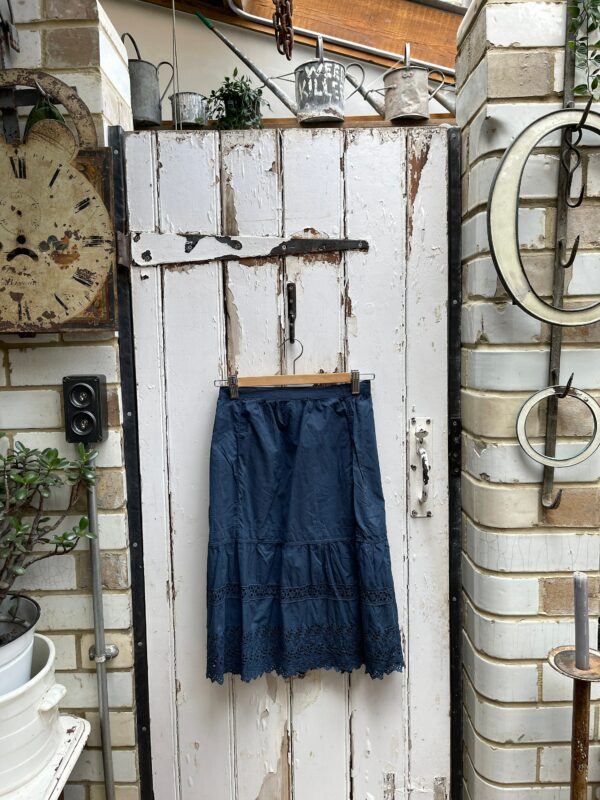 Antique French Handmade Blue Cotton Skirt Size With Tiered Lace Hem S