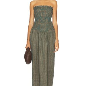 Apres Studio Ruched Strapless Maxi Dress in Dark Green. Size L, M, XL, XS.