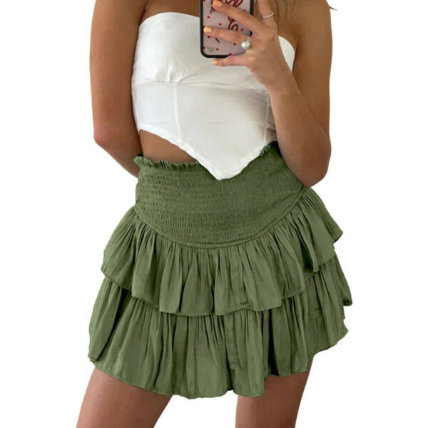 (Army Green, L) Womens Double Layer Pleated Ruffle Smocked High Waist Flared A-Line Mini Skirt