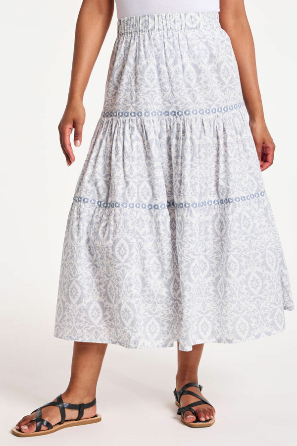 Autonomy Blue - Ikat Print Tiered Woven Skirt, Size: M -Holiday Shop