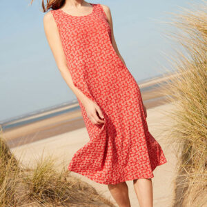 Autonomy Coral - Sleeveless Leaf Print Linen Swing Dress, Size: S