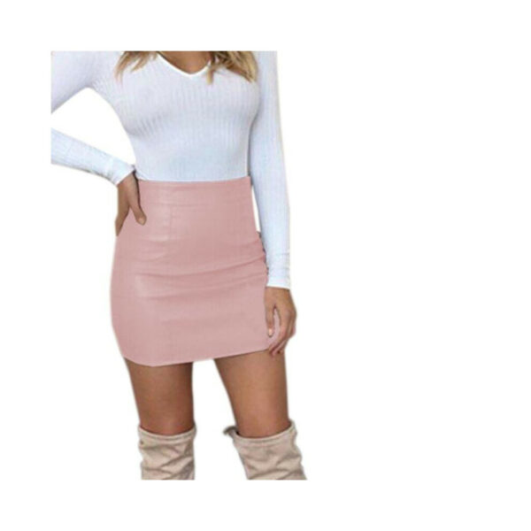 Autumn Women Fashion Tight-fitting Mini Skirt PU Imitation Leather Solid Color Pink Khaki Slim Skirts