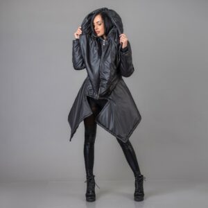 Avant Garde Black Quilted Winter Coat , Shawl Collar Hood Puffer Jacket, Extravagant Maxi Coat, Casual Cyberpunk Jacket