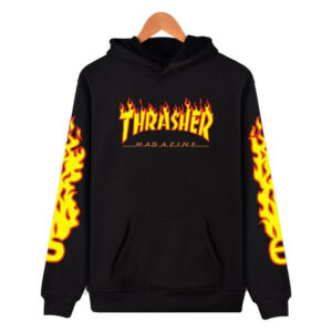 (BLACK, L) Men Women Thrasher Flame Pullover Hoodie Sweaters Skateboard Sweatshirt hot