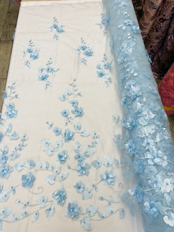 Baby Blue 3D Floral Design Embroider & Beaded With Pearls On A Mesh Lace-Prom-Dress By The Yard