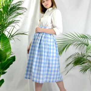 Baby Blue & White Check, Gingham Skirt, 100% Cotton, Full Gathered Midi Classic Casual Style Skirt