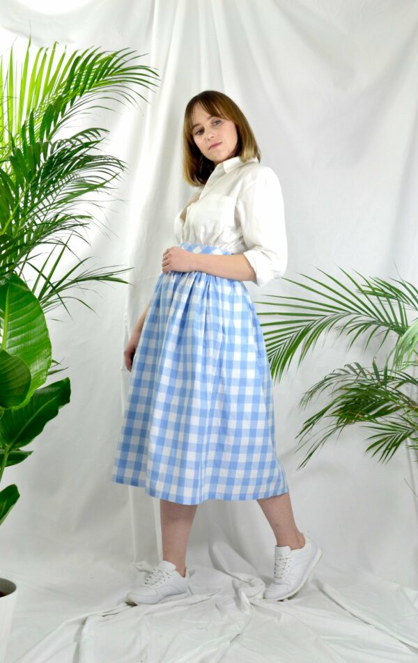 Baby Blue & White Check, Gingham Skirt, 100% Cotton, Full Gathered Midi Classic Casual Style Skirt