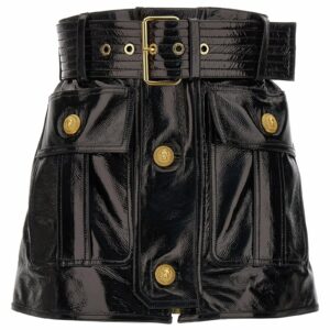 Balmain Belt-up Shiny Leather Skirt