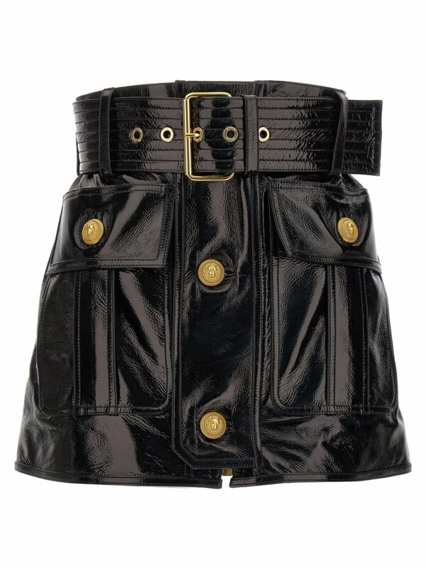 Balmain Belt-up Shiny Leather Skirt