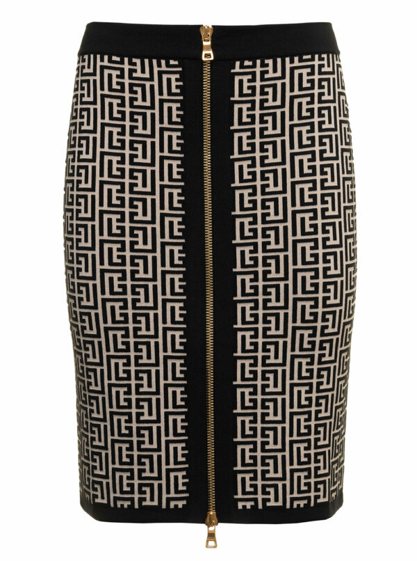 Balmain Womans Monogram Wool Pencil Skirt With Zip