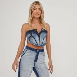 Bandeau Frayed Detail Contrast Seam Corset Top In Washed Blue Denim, Women's Size UK 6