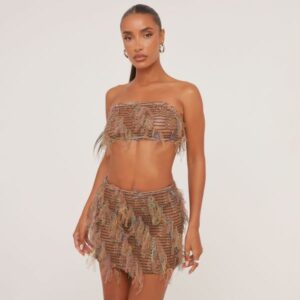 Bandeau Textured Ruffle Detail Crop Top And Mini Skirt Co-Ord Set In Brown, Women's Size UK Medium M