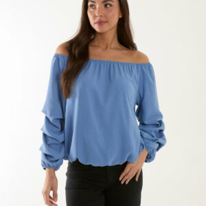 Bardot Elasticated Ruched Sleeve Top - S/M / Light Denim