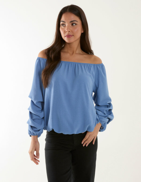 Bardot Elasticated Ruched Sleeve Top - S/M / Light Denim