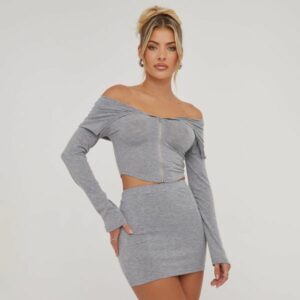 Bardot Fold Over Zip Up Front Detail Top And Mini Bodycon Skirt Co-Ord Set In Grey, Women's Size UK Small S