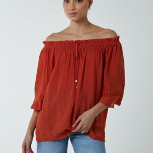 Bardot Tie Front Top - S / ORANGE