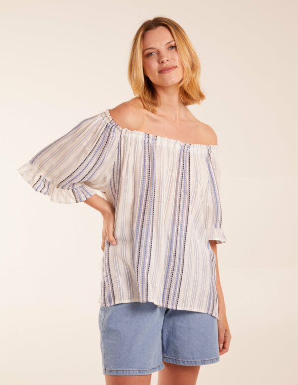 Bardot Top With Stripe - S / BLUE