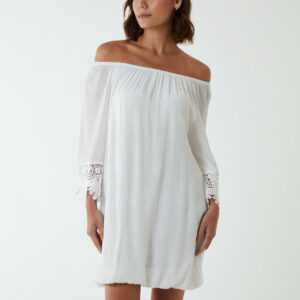 Bardot Tunic Dress With Crochet Lace Sleeves - S / IVORY