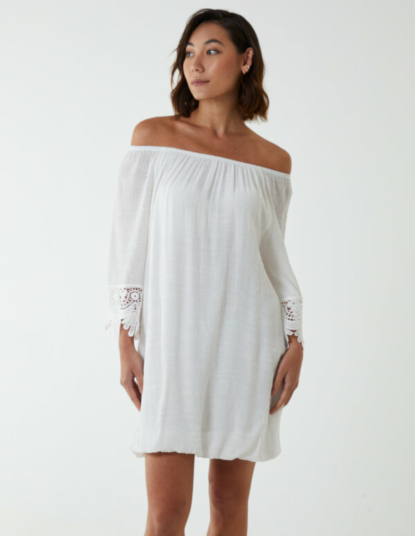 Bardot Tunic Dress With Crochet Lace Sleeves - S / IVORY