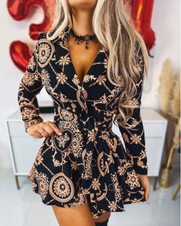 Baroque Print Notched Collar Tied Detail Mini Dress