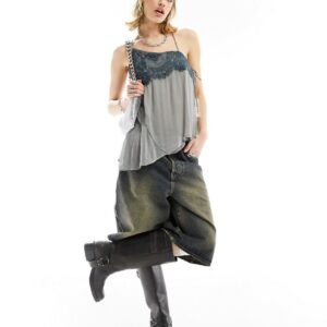 Basic Pleasure Mode asymmetric lace edge camisole in grey