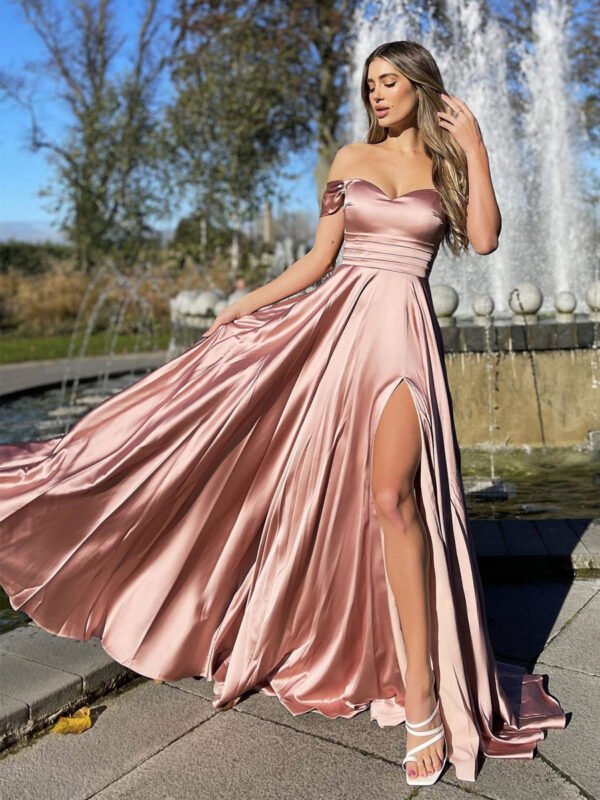 Bateau Neck Maxi Dress Short Sleeves Sexy High-slit Zipper Prom Dresses