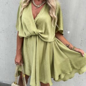 Batwing Sleeve Overlap Flowy Swing Dress