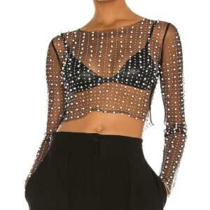 Beach Bunny Look and Glisten Pearl Mesh Top in Black. Size S.