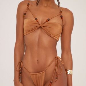 Beaded Detail Strappy Bikini Set In Beige, Women's Size UK 10