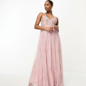 Beauut Petite Bridesmaid cami 2 in 1 maxi dress with embellished top and tulle skirt in frosted pink