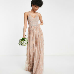 Beauut Tall Bridesmaid delicate embellished maxi dress with tulle skirt in taupe-Neutral